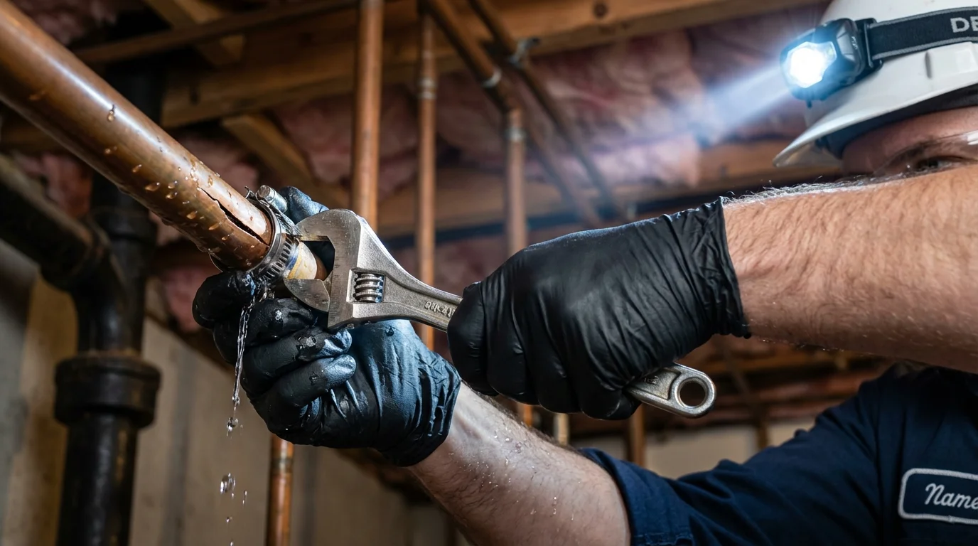 Emergency pipe clamp repair being performed by a Johns Plumbing LLC plumber in Mountainhome