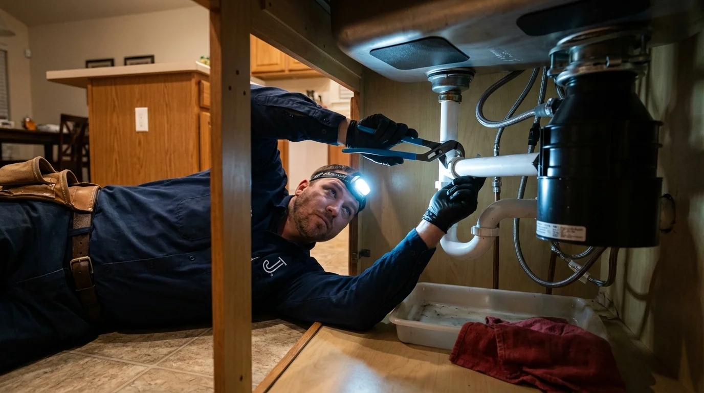 P-trap and supply line connections under a kitchen sink showing a common leak point in Mountainhome, PA